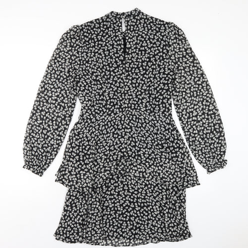 Warehouse Womens Black Geometric Polyester A-Line Size 10 Round Neck Zip