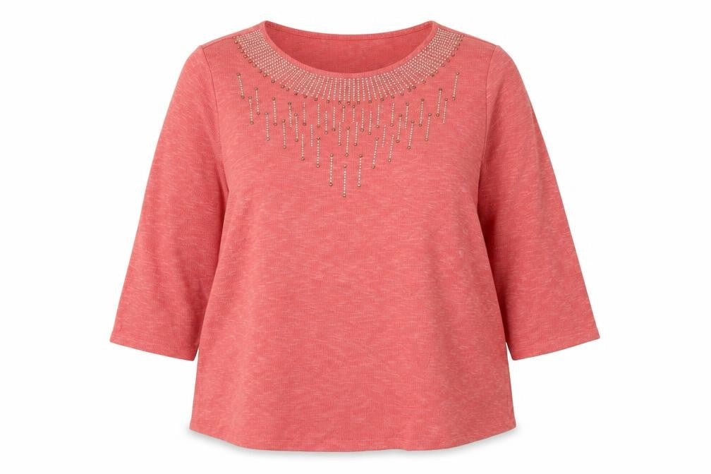 Front view of Bonmarché women’s pink round neck polyester jumper, size UK 22