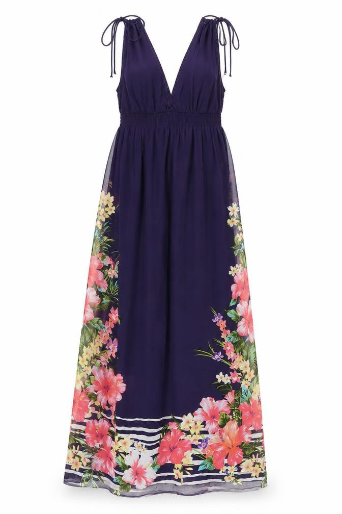 Front view of Accessorize women’s purple geometric polyester maxi, size S, v-neck pullover