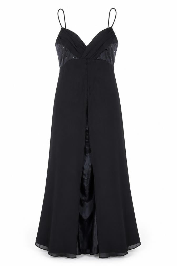 Front view of Eureka women’s black polyester maxi, size L, v-neck zip