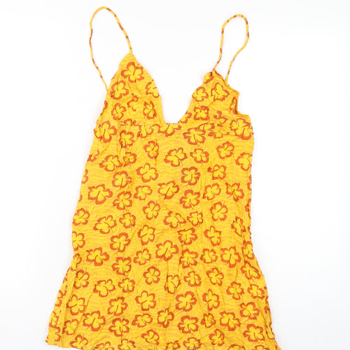 Motel Womens Yellow Floral Viscose Slip Dress Size S V-Neck Zip