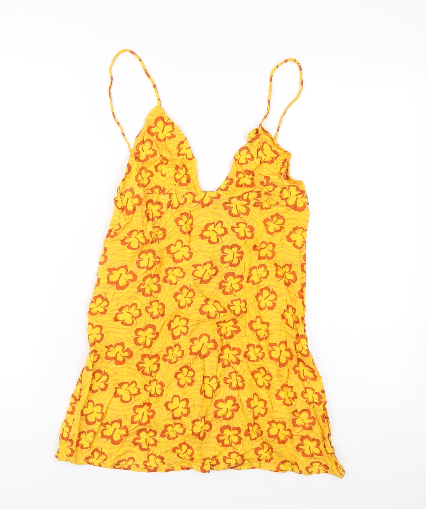 Motel Womens Yellow Floral Viscose Slip Dress Size S V-Neck Zip