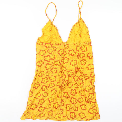 Motel Womens Yellow Floral Viscose Slip Dress Size S V-Neck Zip