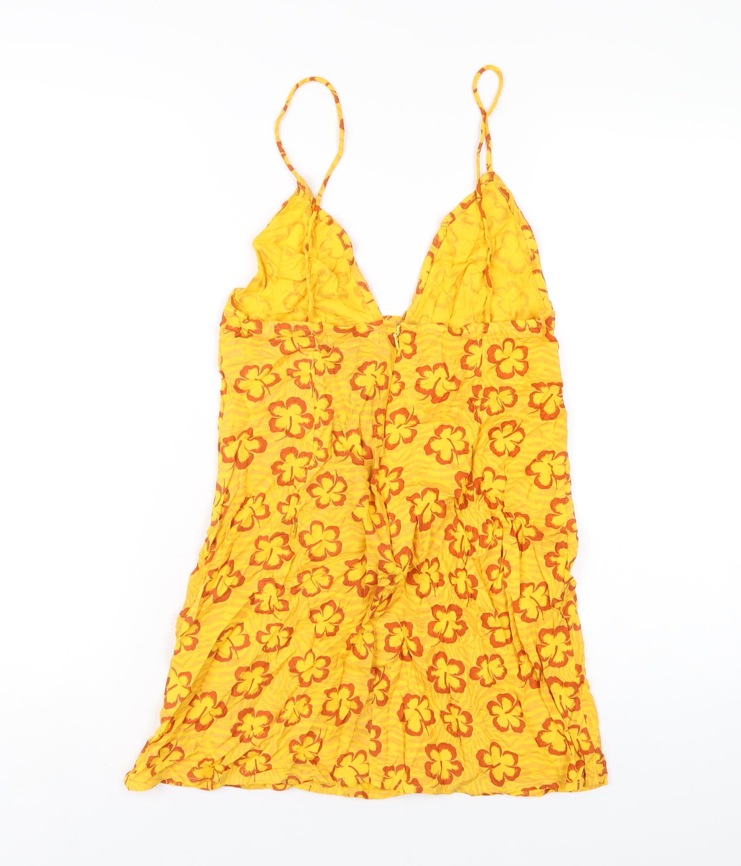 Motel Womens Yellow Floral Viscose Slip Dress Size S V-Neck Zip