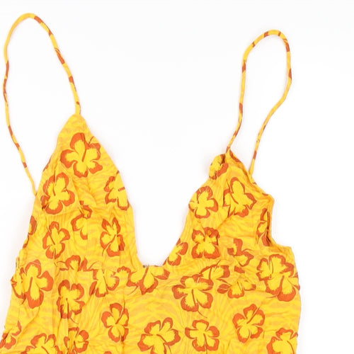 Motel Womens Yellow Floral Viscose Slip Dress Size S V-Neck Zip