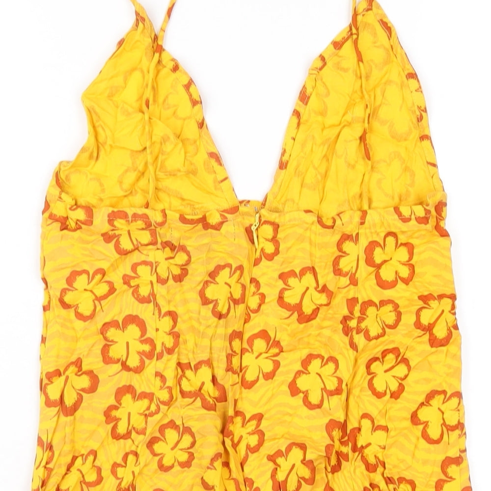 Motel Womens Yellow Floral Viscose Slip Dress Size S V-Neck Zip