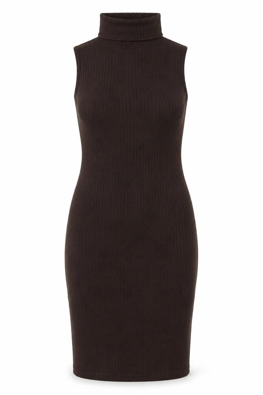 Front view of I SAW IT FIRST women’s brown polyester bodycon, size UK 12, roll neck pullover