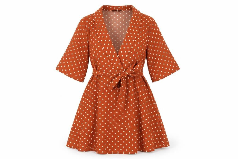 Front view of PRETTYLITTLETHING women’s brown polka dot polyester a-line, size UK 8, v-neck pullover