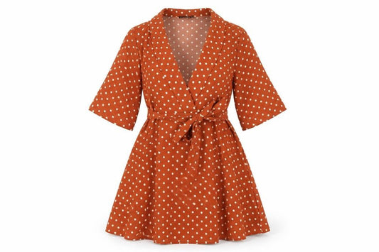 Front view of PRETTYLITTLETHING women’s brown polka dot polyester a-line, size UK 8, v-neck pullover