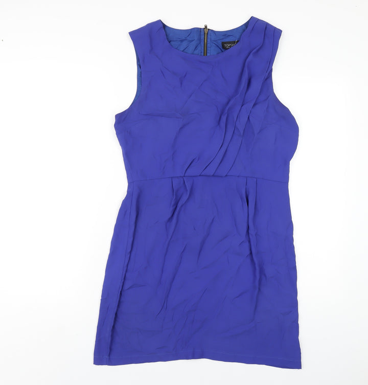 Topshop Womens Blue Polyester A-Line Size 14 Round Neck Zip