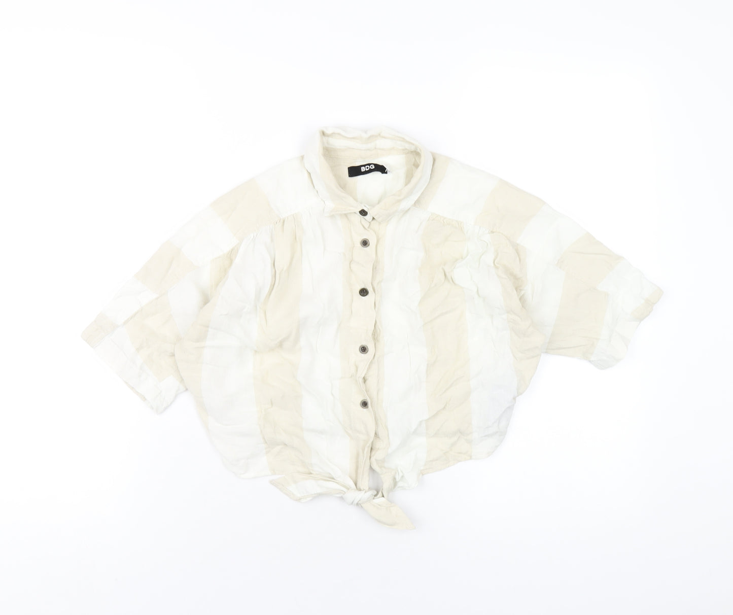 BDG Womens Beige Check Linen Cropped Button-Up Size XS Collared