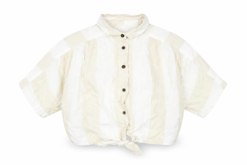 Front view of BDG women’s beige check linen cropped button-up, size XS, collared