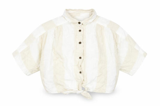 Front view of BDG women’s beige check linen cropped button-up, size XS, collared