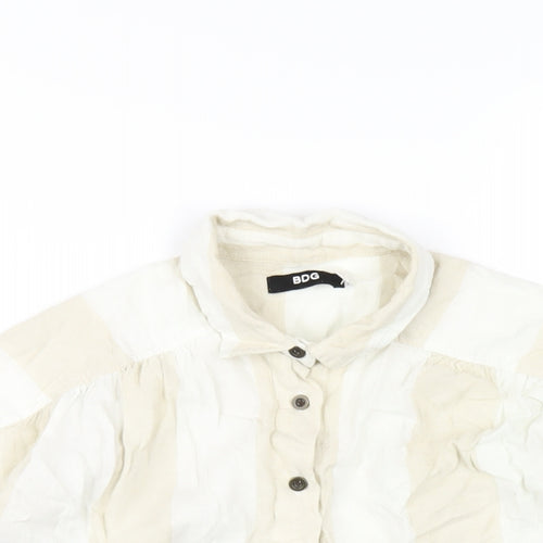 BDG Womens Beige Check Linen Cropped Button-Up Size XS Collared