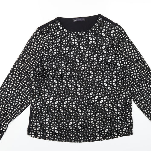Marks and Spencer Womens Black Geometric Polyester Basic T-Shirt Size 10 Round Neck