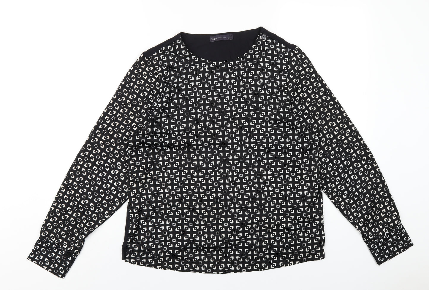 Marks and Spencer Womens Black Geometric Polyester Basic T-Shirt Size 10 Round Neck