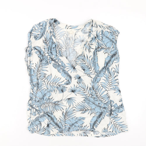 H&M Womens Blue Geometric Viscose Basic T-Shirt Size 10 V-Neck