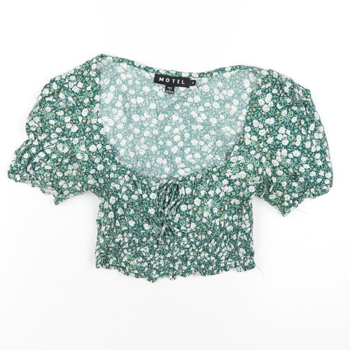 Motel Womens Green Floral Viscose Cropped T-Shirt Size S Scoop Neck