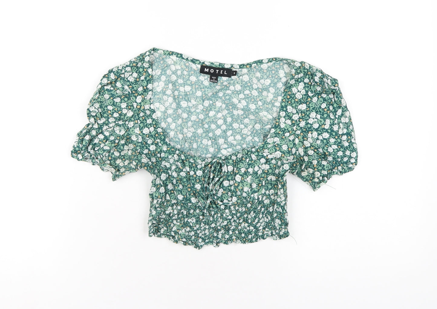 Motel Womens Green Floral Viscose Cropped T-Shirt Size S Scoop Neck