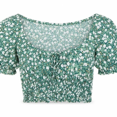 Motel Womens Green Floral Viscose Cropped T-Shirt Size S Scoop Neck