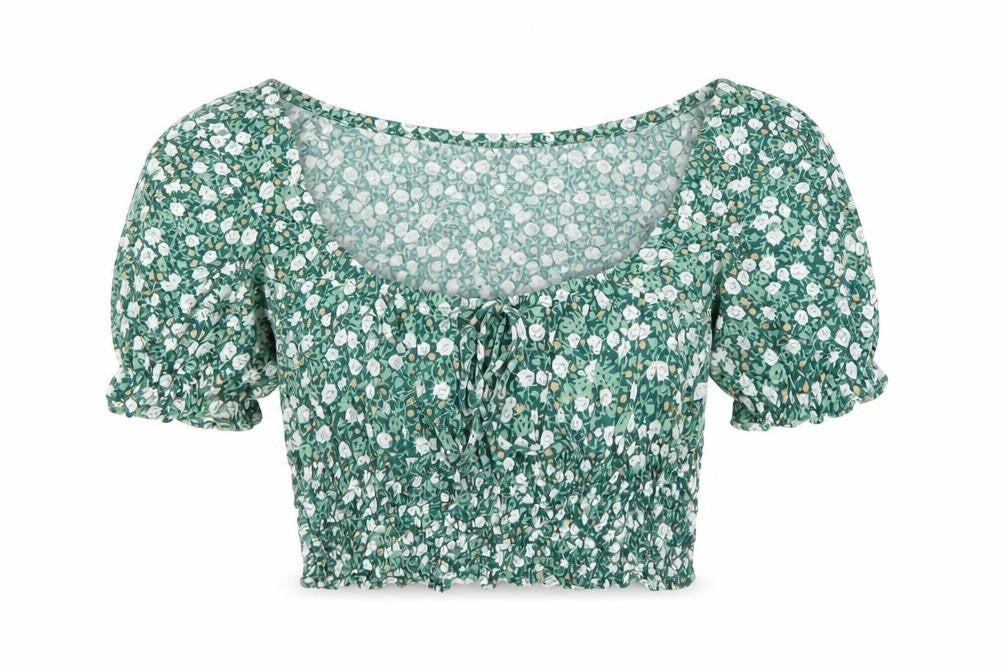 Motel Womens Green Floral Viscose Cropped T-Shirt Size S Scoop Neck