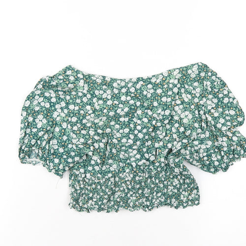 Motel Womens Green Floral Viscose Cropped T-Shirt Size S Scoop Neck