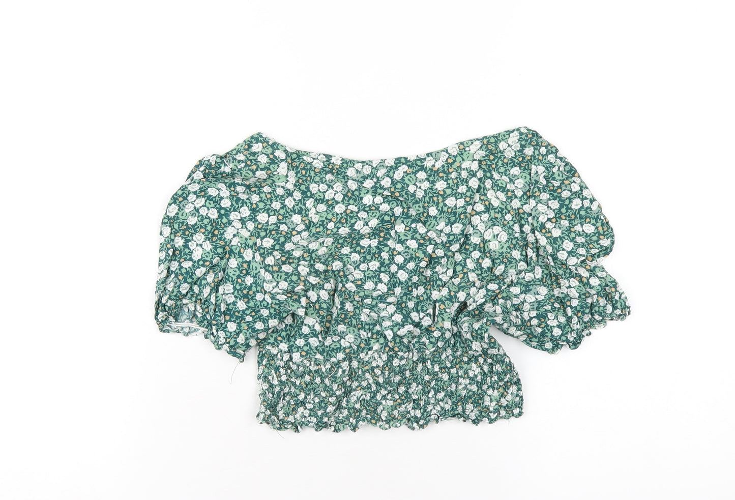Motel Womens Green Floral Viscose Cropped T-Shirt Size S Scoop Neck