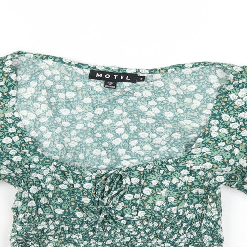 Motel Womens Green Floral Viscose Cropped T-Shirt Size S Scoop Neck