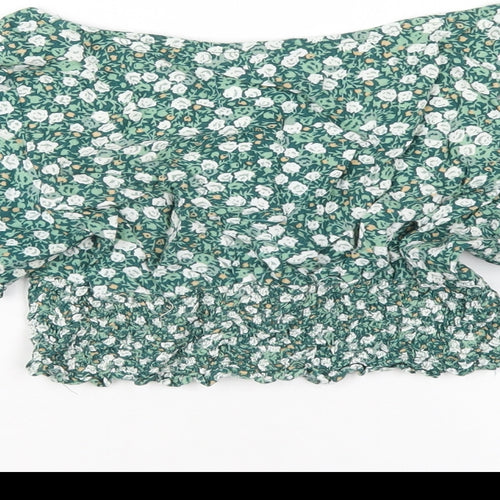 Motel Womens Green Floral Viscose Cropped T-Shirt Size S Scoop Neck