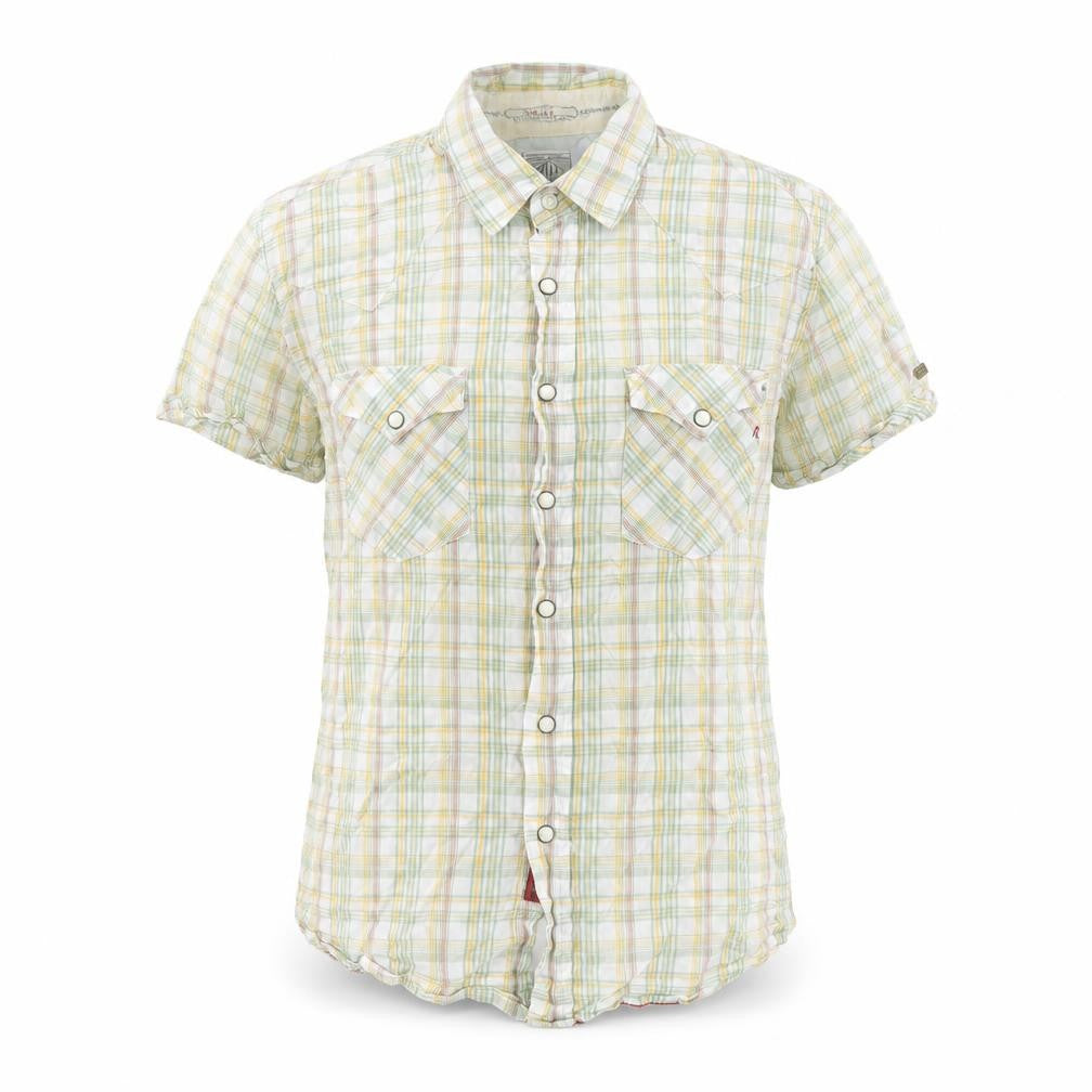 Front view of Replay women’s multicoloured plaid cotton basic button-up, size S, collared