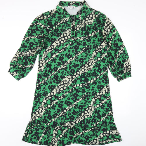 Warehouse Womens Green Floral Polyester A-Line Size S Collared Button