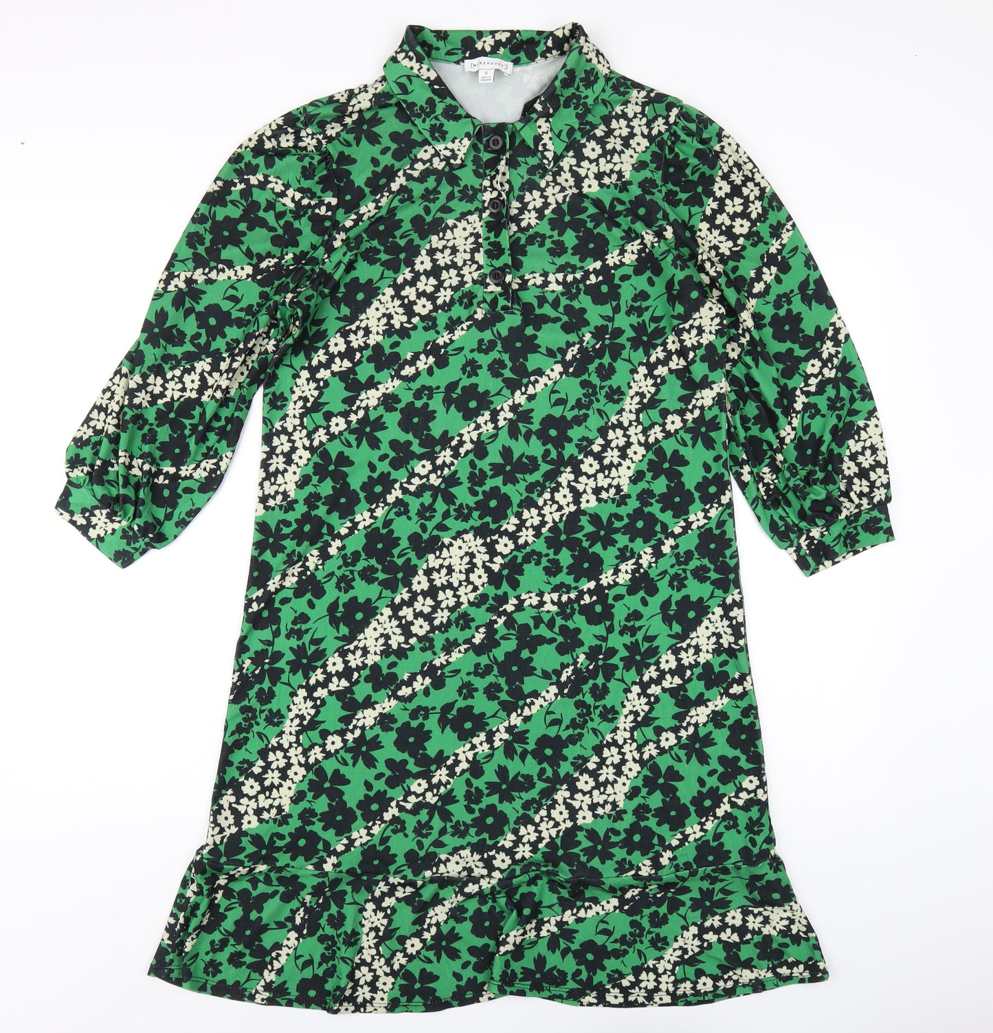 Warehouse Womens Green Floral Polyester A-Line Size S Collared Button