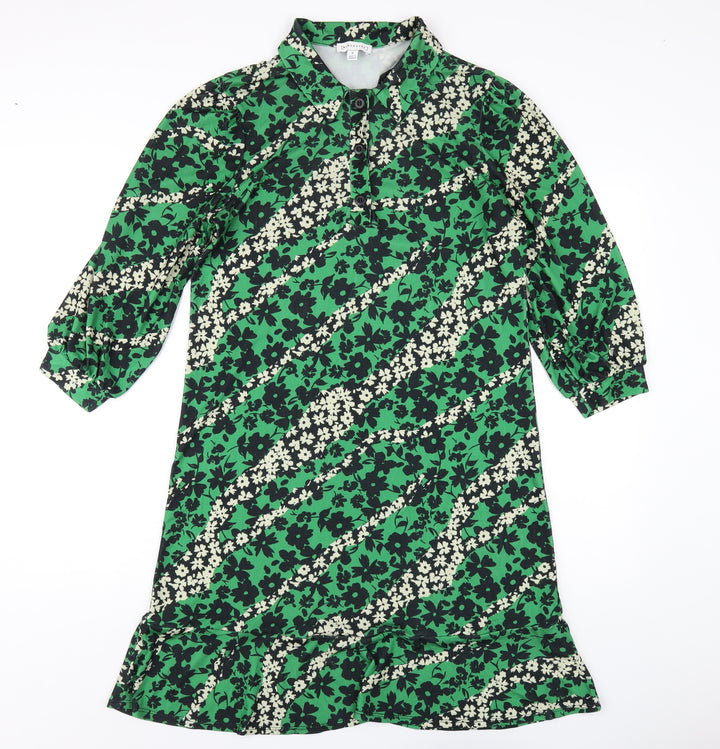 Warehouse Womens Green Floral Polyester A-Line Size S Collared Button