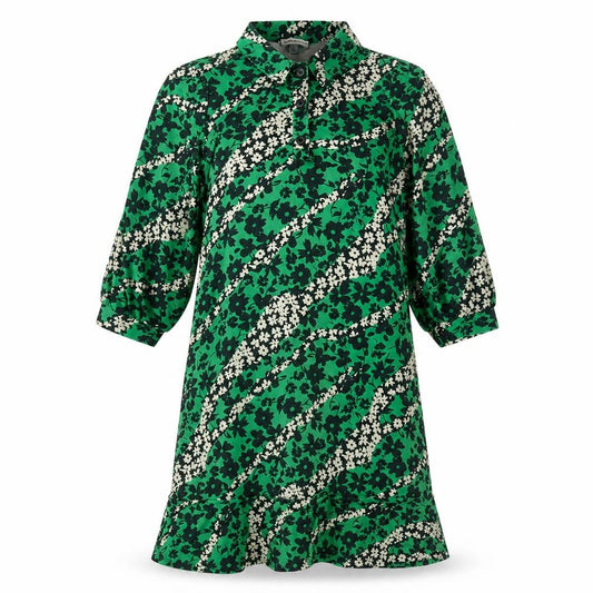 Front view of Warehouse women’s green floral polyester a-line, size S, collared button