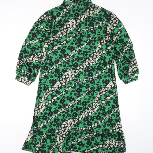 Warehouse Womens Green Floral Polyester A-Line Size S Collared Button