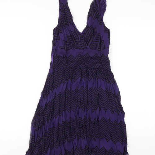 Only Womens Purple Geometric Polyester A-Line Size M V-Neck Zip