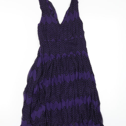 Only Womens Purple Geometric Polyester A-Line Size M V-Neck Zip