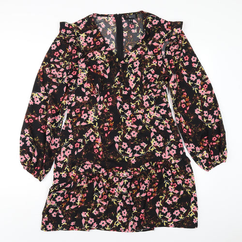 New Look Womens Black Floral Polyester A-Line Size 12 V-Neck Zip