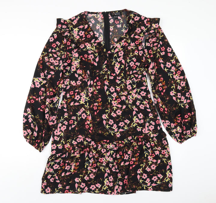 New Look Womens Black Floral Polyester A-Line Size 12 V-Neck Zip