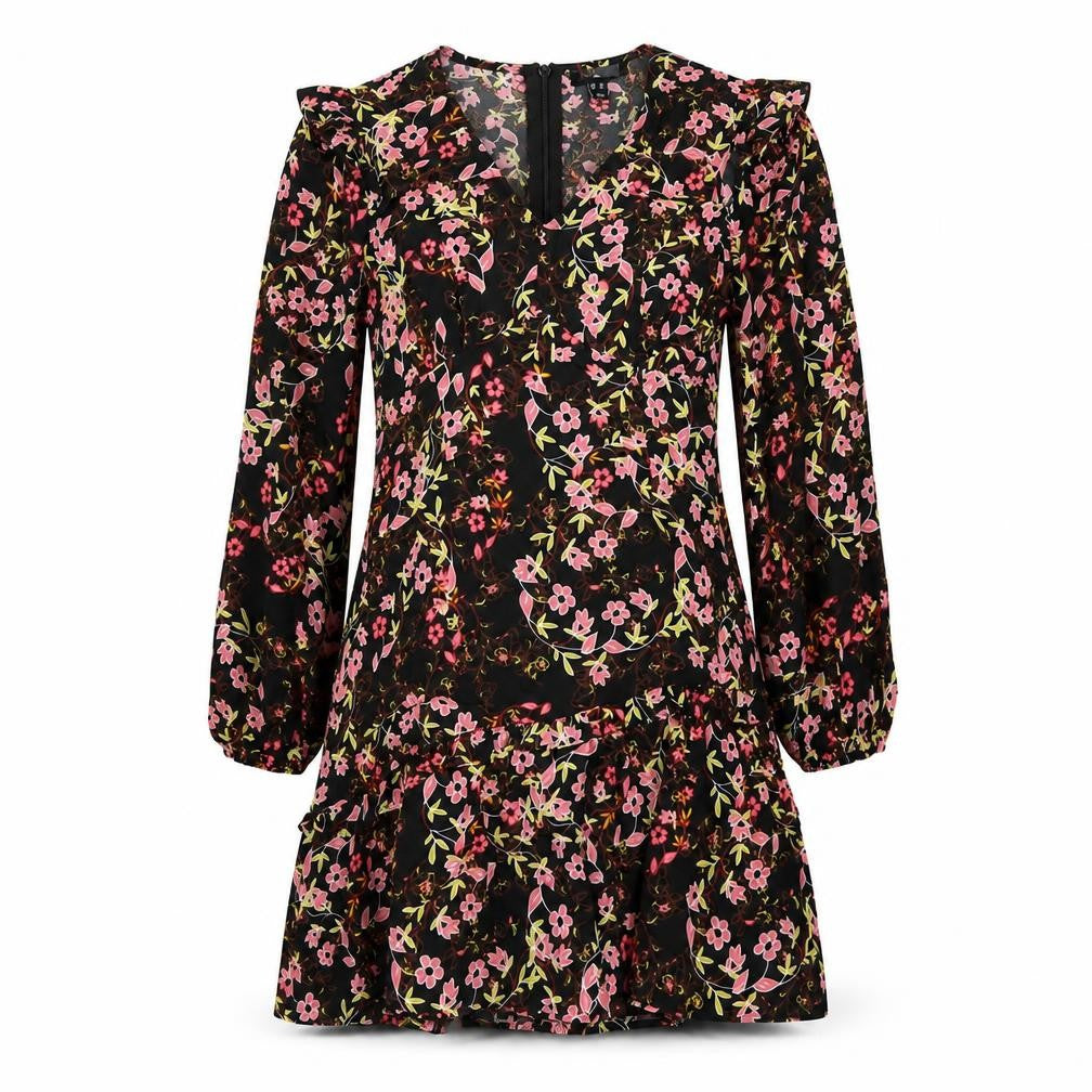 Front view of New Look women’s black floral polyester a-line, size UK 12, v-neck zip