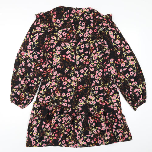 New Look Womens Black Floral Polyester A-Line Size 12 V-Neck Zip