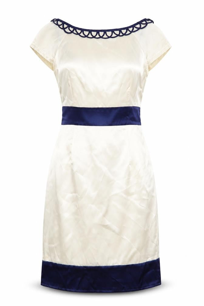 Front view of ASOS women’s ivory polyester a-line, size UK 8, round neck zip