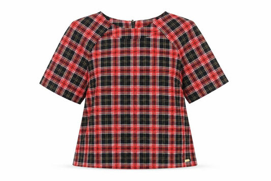 Front view of Red or Dead women’s multicoloured plaid polyester basic t-shirt, size UK 10, round neck