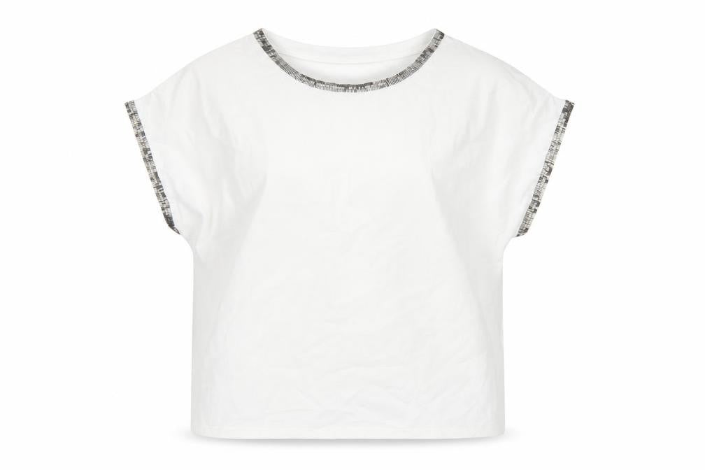 Front view of Bonmarché women’s white polyester basic t-shirt, size UK 24, round neck - beaded trims