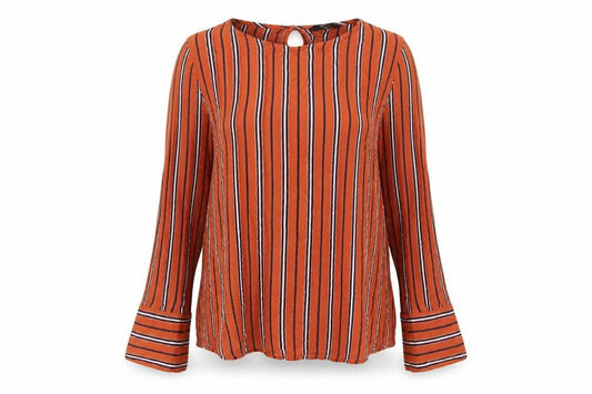 Front view of Next women’s orange striped viscose basic t-shirt, size UK 18, round neck