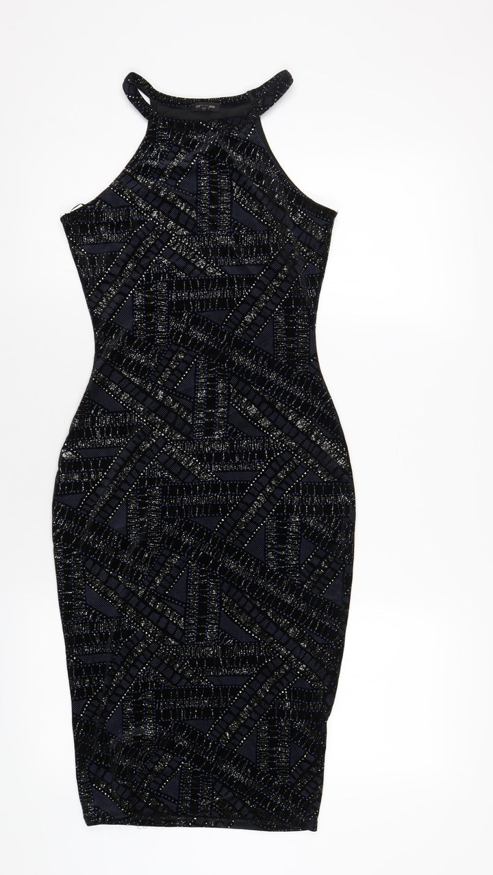 River Island Womens Blue Geometric Polyester Bodycon Size 6 Round Neck Pullover