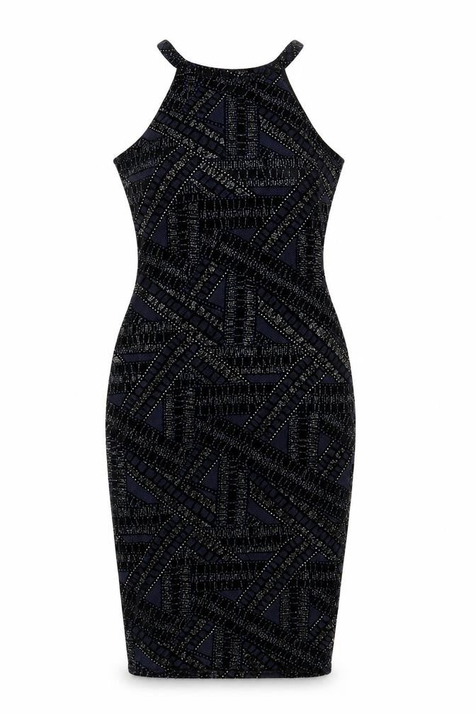 Front view of River Island women’s blue geometric polyester bodycon, size UK 6, round neck pullover