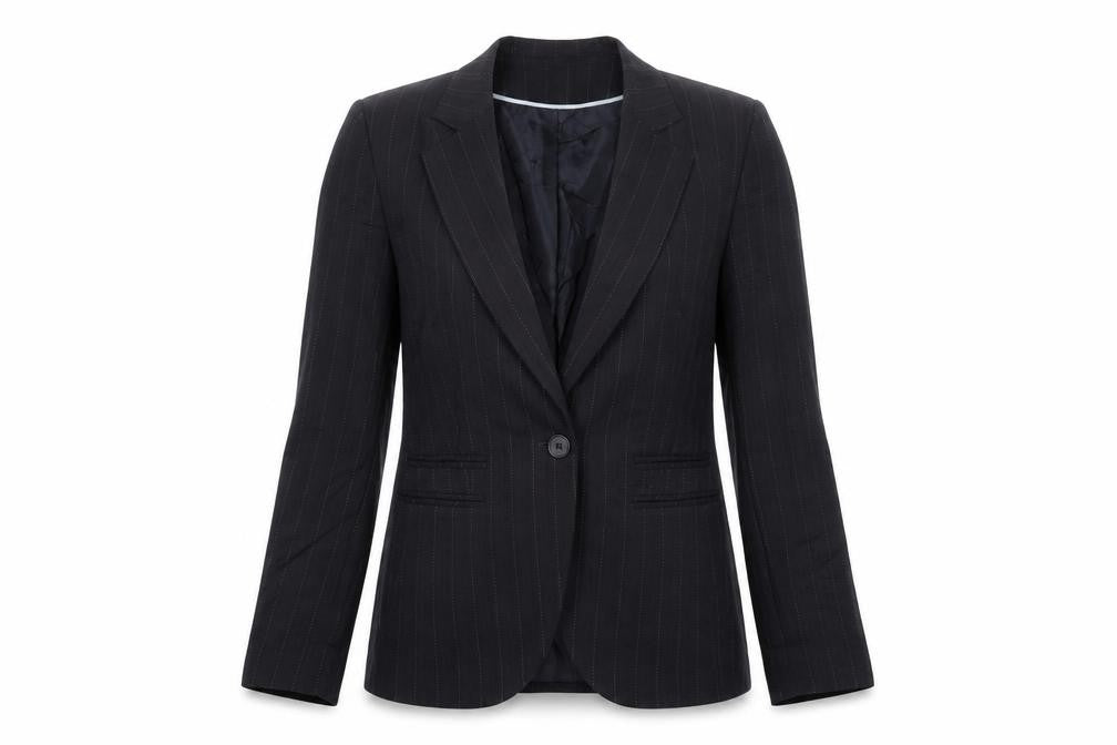 Front view of BAY women’s blue striped jacket blazer, size UK 12, button