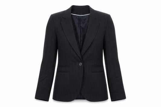Front view of BAY women’s blue striped jacket blazer, size UK 12, button