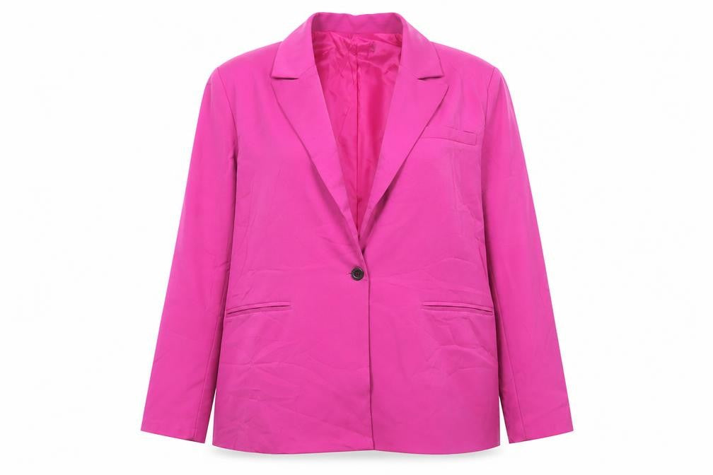 Front view of PRETTYLITTLETHING women’s pink jacket blazer, size UK 8, button